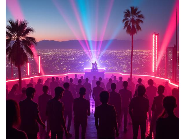 Vibrant rooftop party scene overlooking the Los Angeles cityscape at dusk, with neon lights and a lively crowd.