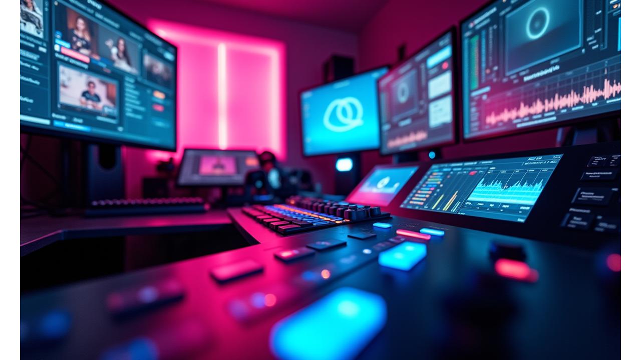 Close-up of a state-of-the-art live streaming production rig with multiple screens, mixing boards, and glowing LEDs, demonstrating advanced technology for virtual events.