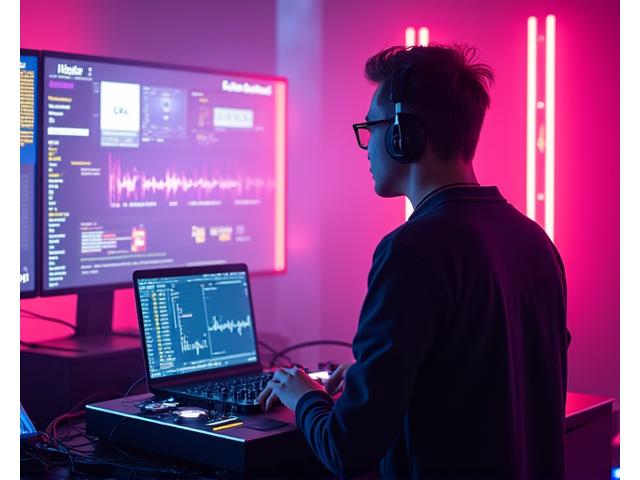 A world-renowned electronic music DJ performing a live stream set in a futuristic studio with neon lighting, visualizers reacting to the music, and a large chat overlay visible.
