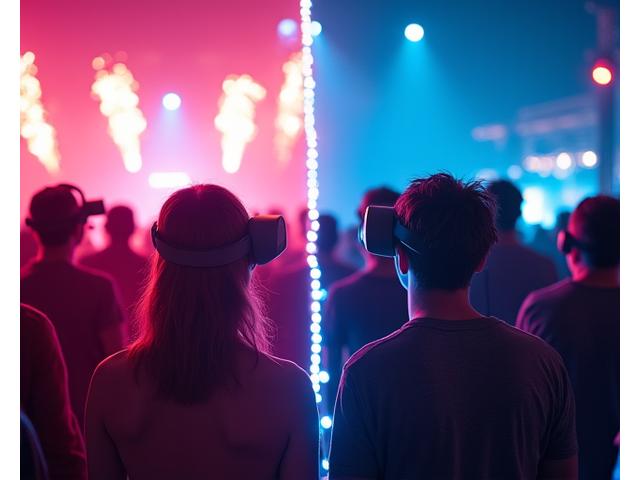 A split image showing a vibrant in-person festival crowd on one side and a group of people wearing VR headsets reacting to a virtual concert on the other, seamlessly blended.