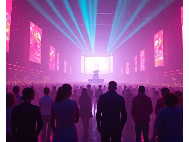 A large-scale virtual rave with thousands of glowing avatars dancing in a highly detailed 3D environment, featuring a massive LED screen displaying a DJ.
